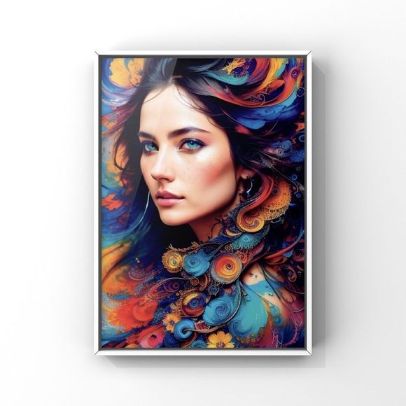 Modern wall art print of girl portrait with abstract print in different colors - Picture 3 of 4